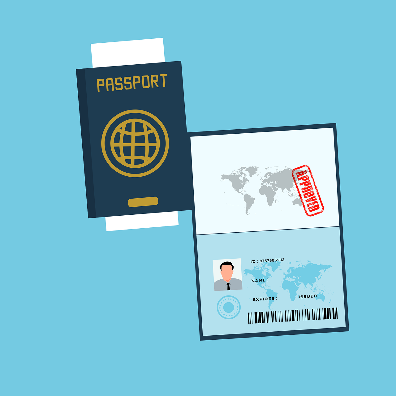 TRADUCTOR JURADO SEVILLA Pasaporte abierto con una foto y un mapa, sobre fondo azul.